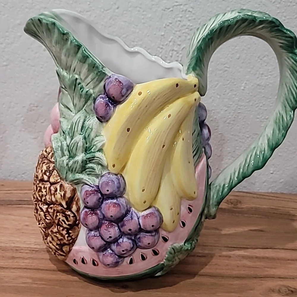 Fitz and Floyd Ceramic Pitcher with Yellow and Purple Fruit Design - Picture 1 of 5